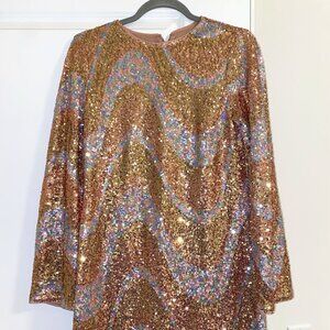 H&M Pink Mini Dress w/ Rose Gold Sequins Long Sleeve Size S - EUC